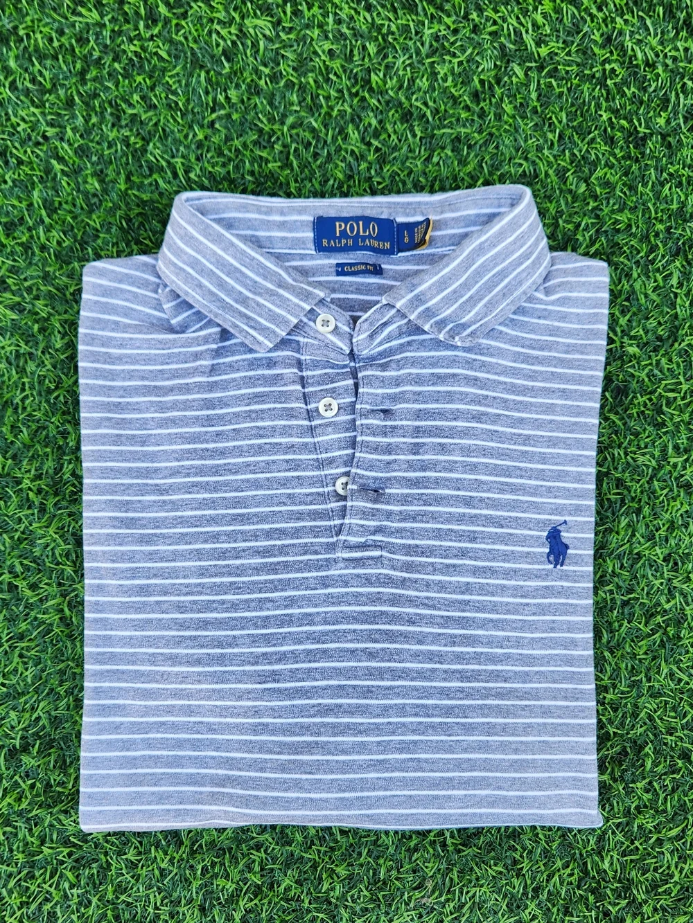 Polo by Ralph Lauren Gray Stripe Classic Fit Polo Shirt SIZE L